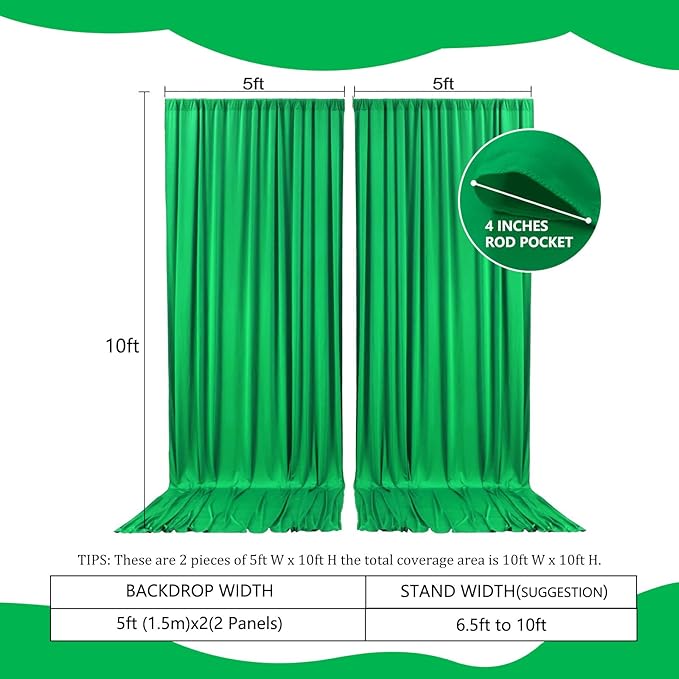 2 Panels Green Backdrop Curtain, 10 x 10 Feet Background Curtains for Parties, Weddings, Baby Showers, Bachelorette Halloween, Christmas Birthday Party Photoshoot Backdrop Curtains Decorations