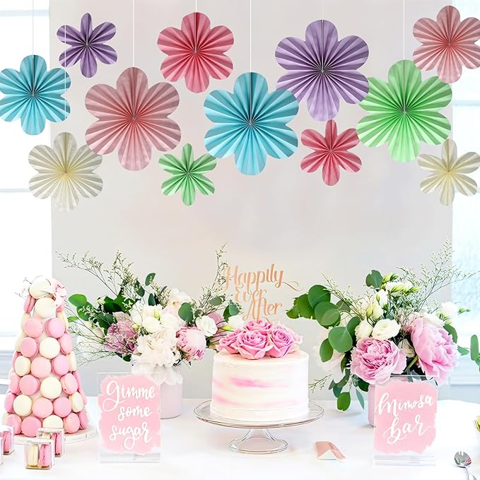 BestoFun 12 PCS Paper Flowers Fans Pastel Party Decorations Paper Flowers Decorations for Wall Girl Groovy Birthday Baby Shower Wedding Bachelorette Room Hanging Décor