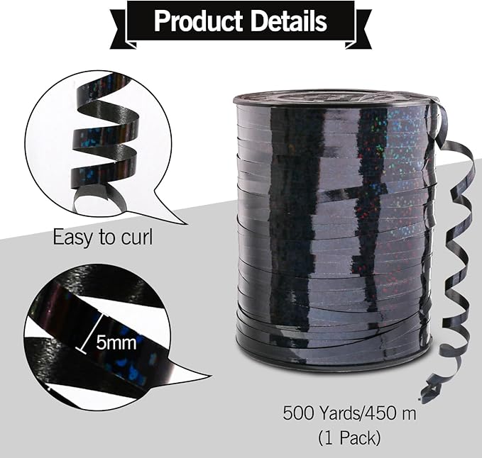 500 Yard Black Curling Ribbon, Black Shiny Curling Ribbons for Gift Wrapping, Thin Craft Balloon Ribbons String for Balloons, Gift Wrap Bows Ribbon for Birthday Party Christmas Halloween Decorations