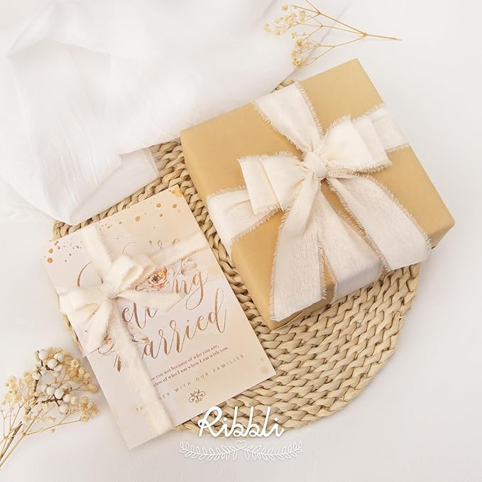 Ribbli 3 Rolls Ivory Ribbon 5/8 Inch x 18Yards Cream White Handmade Cotton Frayed Fringe Ribbons for Wrapping Wedding Invites Bridal Bouquets Baby Shower DIY Crafts Home Decor