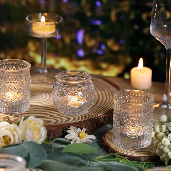 DARJEN 12Pcs Clear Votive Candle Holders - Glass Tea Light Candle Holder, Clear Votives, Embossed Candle Votives for Wedding Centerpiece & Home Decoration