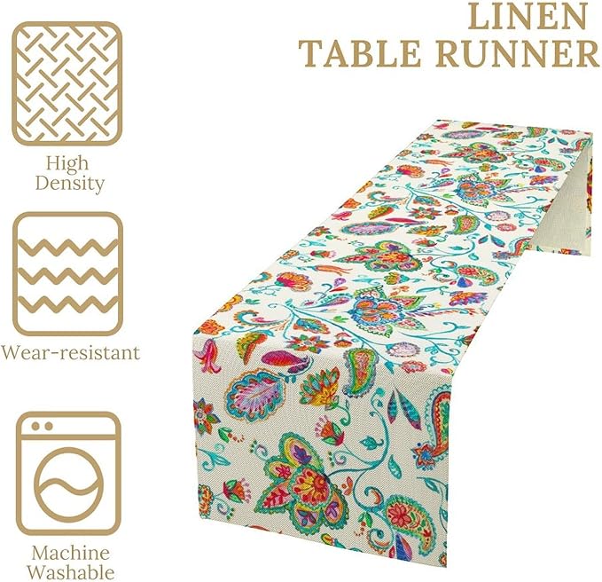 Paisley Table Runner, Watercolor Floral Oriental Indian Traditional Tulips Leaves Bohemian Paisley Print Table Runner for Kitchen Dining Tables Party Decor, 13x60inch