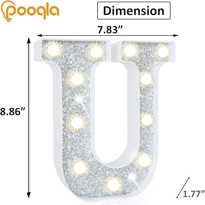 Pooqla Light Up Letters, LED Marquee Letters for Silver Birthday Decorations, Battery Powered Night Light Teenager Girl Room Decor, Gift for Girls Boys Wedding Bedroom Christmas Party Decor, Letter U