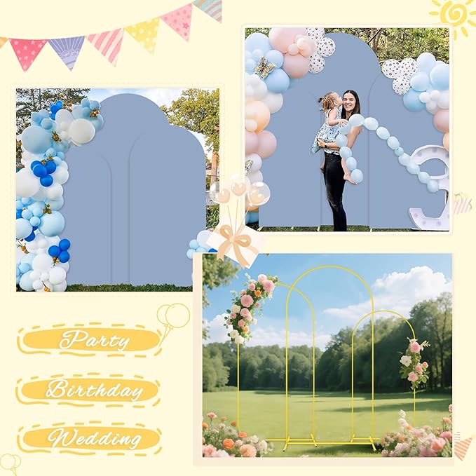 Arch Backdrop Stand and Cover Set of 3 6FT 6.6FT 7.2FT Dusty Blue Spandex Arch Backdrop Covers Set Metal Arch Frame Stand Balloon Arched Covers for Birthday Party Wedding Ceremony Reception