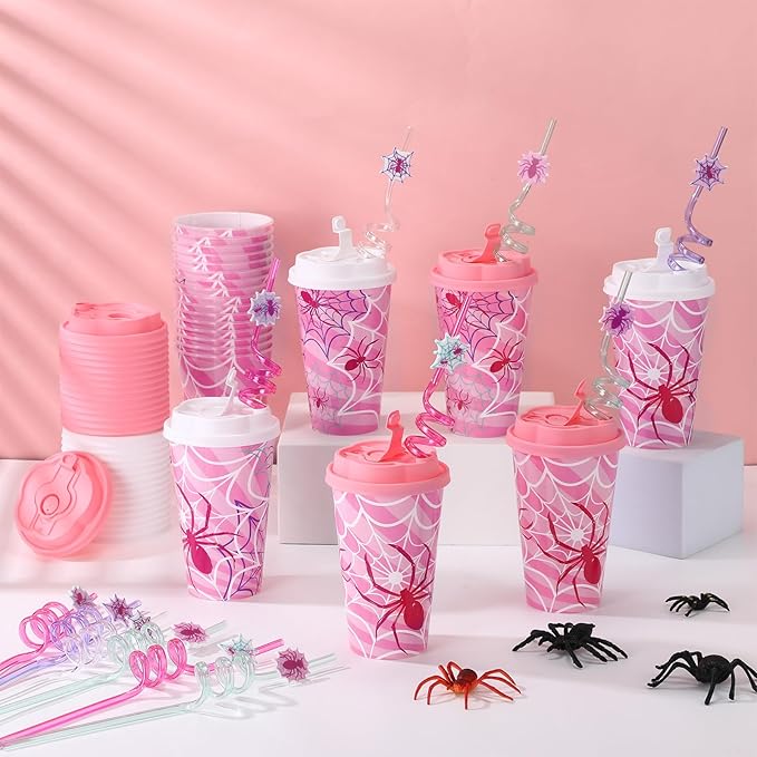Yungyan 16 Sets Pink Spider Party Favors Goodie Cups with Lids and Straws for Halloween Party Decorations Reusable 16oz Plastic Candy Cups Plastic Straws for Birthday Gift (Pink Spider)