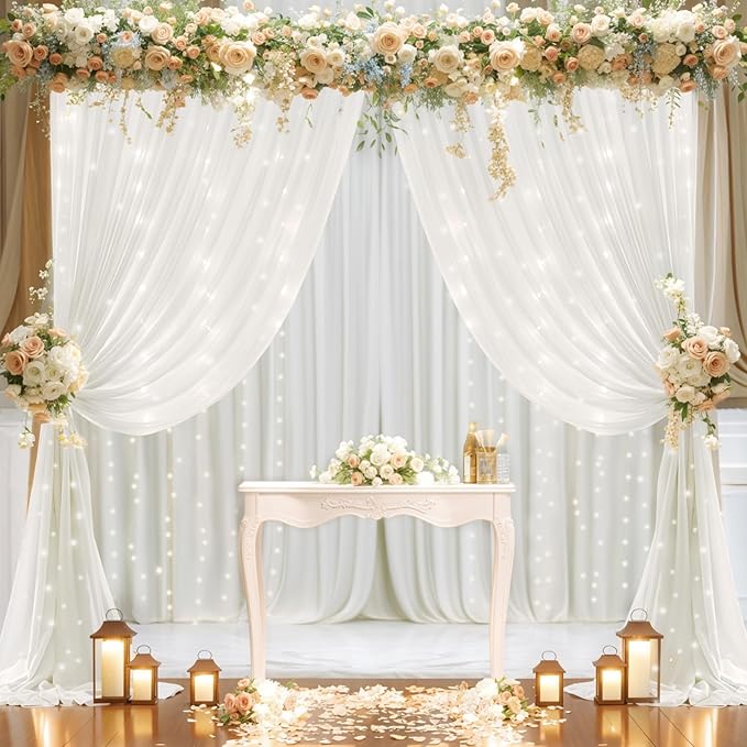 10x10ft Cream White Chiffon Backdrop Curtain with Lights String for Wedding Parties, Sheer Photo Backdrop Curtains for Baby Shower Bridal Shower Birthday Party Ceremony Reception