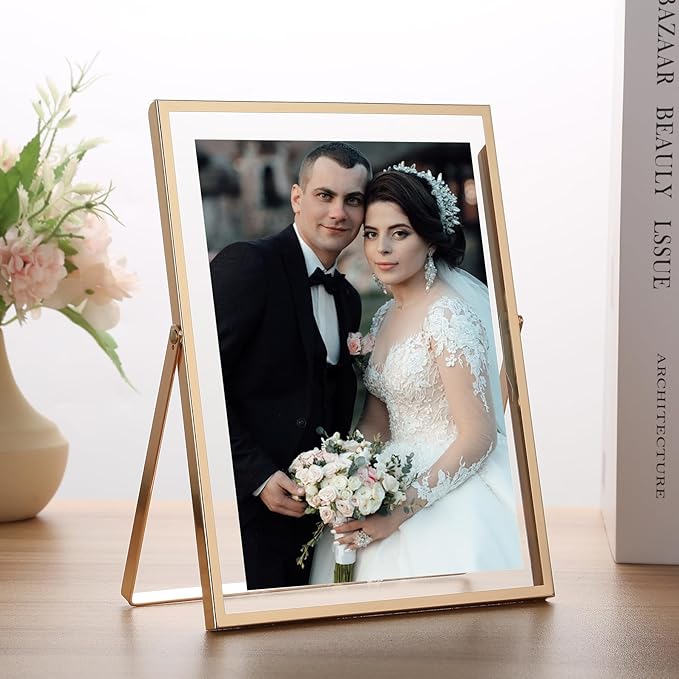 Gold 6x8''Floating Frame Set of 2,For Photo Sizes (3.5x5''4x6''5x7''),Metal Frames for Tabletop/Shelf Display,Classy Gift Choice for Wedding,Birthady,Home or Office Decor