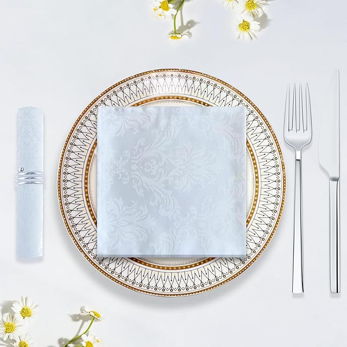White Jacquard Square Napkin, Damask Wrinkle Resistant Soft Polyester Napkins, Fabric Cloth Dinner Napkins for Daily, Wedding, Birthday, Anniversary, Holiday, Parties, Set of 4 (White, 20X20" Napkin)