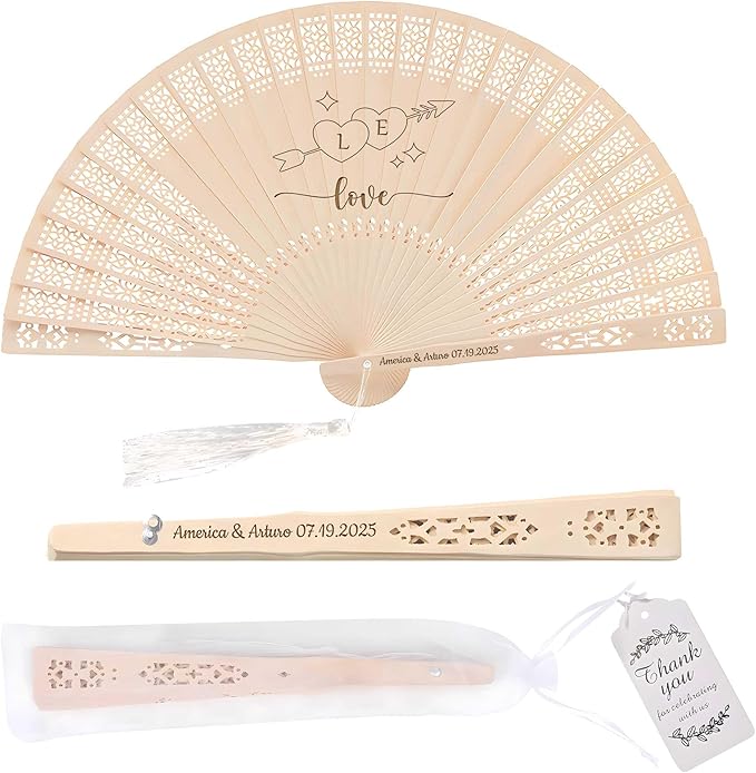 50 PCS Custom Fans Personalized Folding Fans for Line Dancing Wooden Hand Fan Wedding Favors Bulk Fans for Guests Party Event Use (Style05)