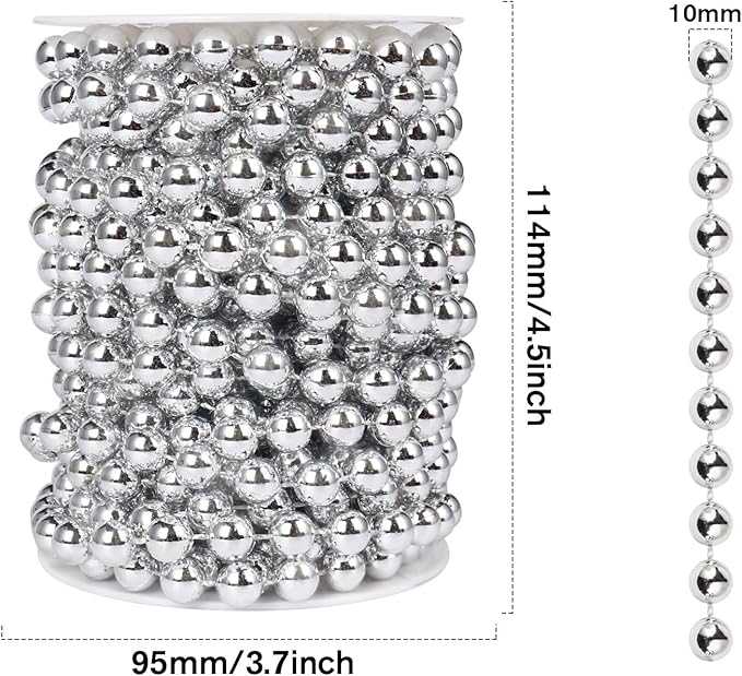 [33 Feet] Silver Pearl Beads Garland, 10MM 11 Yards Silver Faux Pearl Beads String Roll Bulk for DIY Craft Christmas Tree Wedding Party Decoration