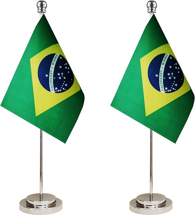 Brazil Brazilian Deluxe Desk Flag Set Small Mini Miniature Brazil Brazilian Table Desktop Flags,Festival Events Celebration,Office Decoration-2 Pack