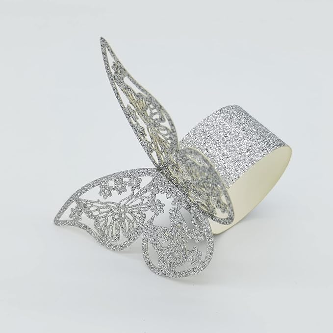 Butterfly Bright Silver Paper Napkin Rings Set of 100 pcs，3D Laser Cutout Paper Napkins Holder,Disposable Serviette Rings for Tables,Decorations,Wedding,Dinner,Party Decor