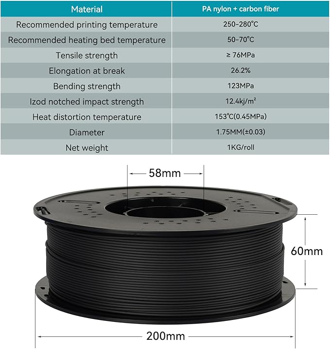 Kingroon Nylon PLA-CF Filament Carbon Fiber PA6 3D Printer Filament 1.75mm, Strong & Low Moisture Sensitive Fit Most FDM 3D Printers, 1KG(2.2lbs) Spool Black