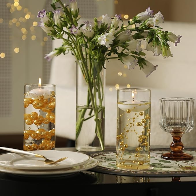 Set of 3 Glass Cylinder Vases for Centerpieces with 2 Pack Vase Filler 3 Pearl String 6 White Floating Candles for Centerpieces, Table Center Pieces for Wedding Party Home Decor 5, 6, 8 Inch