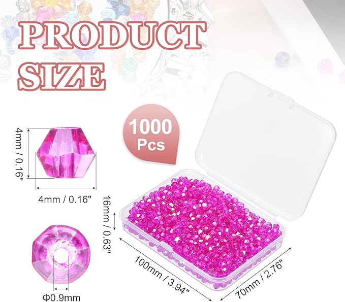 PATIKIL 1000pcs 4mm Bicone Glass Crystal Beads, Faceted Glass Spacer Beads with Box for Jewelry Making Bracelet Necklace Earrings DIY Suncatcher Craft, Rose Red AB
