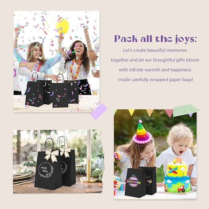 MESHA Gift Paper Bags 300 PACK 5.25x3.75x8'' Black Small Shopping Kraft Bags Bulk with Handles Reusable for Business,Grocery,Birthday,Wedding,Kids Party,Favors