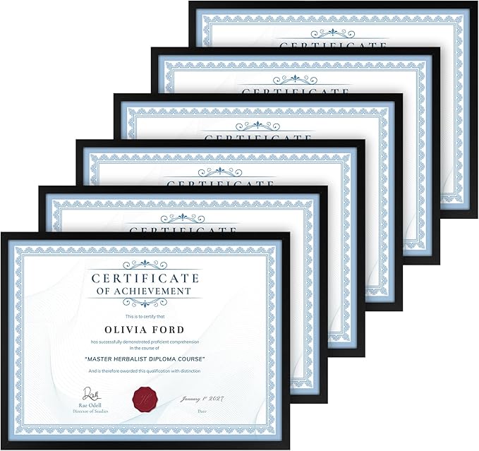 TWING 8.5 x 11 Picture Frame For Certificate, Diploma, Composite Wood Display photos 6x8 with Mat or 8.5x11 Without Mat, Black Document Picture Frames Collage for Wall Decor or Tabletop 6 Pack