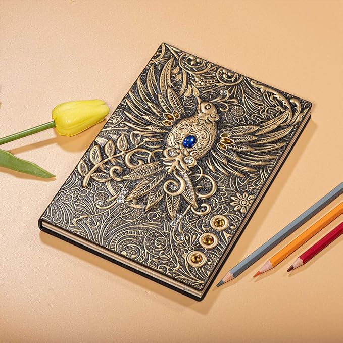 molshine A5 (5.5" x 8.3") Embossed Journals Vintage Notebook,Retro Leather Bronze Diary,100 Sheets Paper,Hardcover Travel Notepad for Writing,Sketchbook,Collection,Gift,Decoration, Phoenix(Bronzed)
