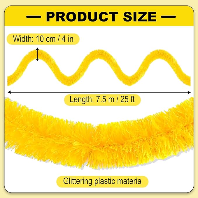 25 Feet Metallic Twist Tinsel Garland Backdrop for Parade Floats, Christmas Eve, New Year, Valentine's Day Party Decorations (Macaron Yellow, 4in x 25ft)