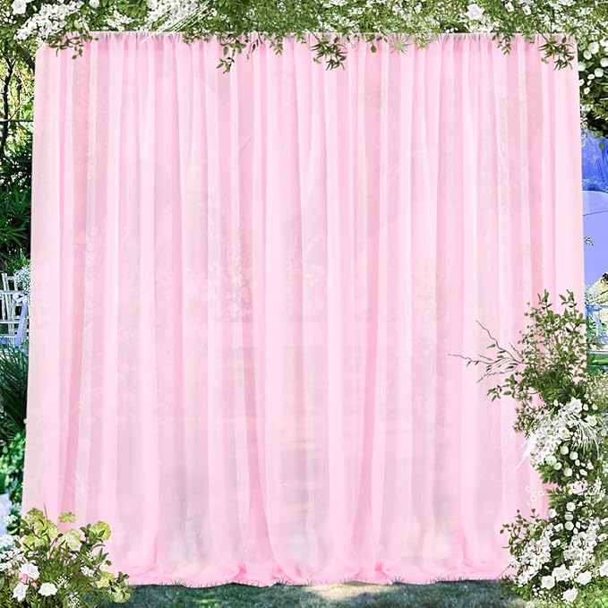 PARTISKY 10x7ft Pink Chiffon Backdrop Curtains, Wrinkle-Free Sheer Fabric Photo Drapes for Wedding Ceremony Arch Birthday Baby Shower Photography Stage Decor 5x7ft, 2 Panel