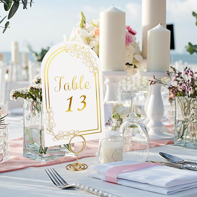 Wedding Table Numbers 1-20, 20 White Gold Tables Number Cards with 20 Gold Table Holders, 1 Set of 20 Numbers Card for Wedding Reception(Card and Holder)