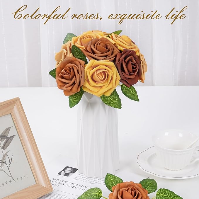 BLEUM CADE 36Pcs Artificial Flowers Fake Roses with Stems, Gradient Burnt Orange Boxed Foam Roses for DIY Bouquets Centerpieces Wedding Party Arrangement Bridal Shower Decor