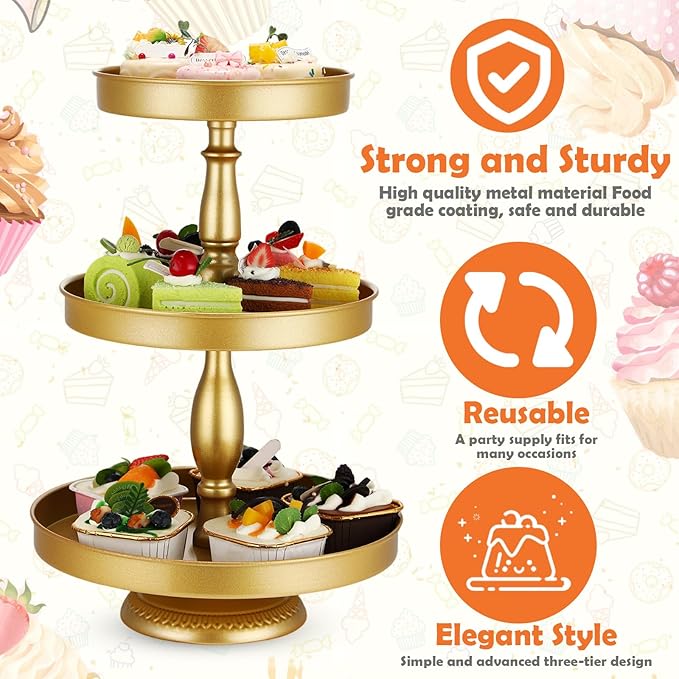 Maxdot 2 Pcs 3 Tier Cupcake Stand Holder, Round Cupcake Stand Serving Tray, Metal Tiered Tray Pastry Dessert Cake Tower Display Stand for Baby Shower Tea Party, Wedding and Birthday (Gold)