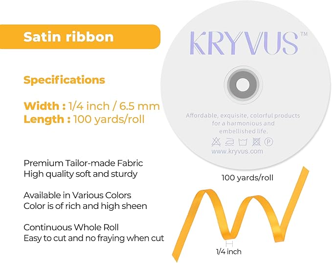 Yellow Satin Ribbon 1/4 inch X Continuous 100 Yards, Single Face Polyester Ribbon Perfect for Gift Wrapping, Flower Bouquet, Wedding Decor, Crafts, Bow Making, Sewing and More