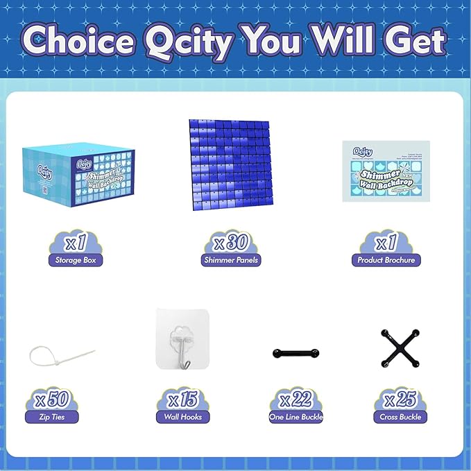 Qcity Blue Shimmer Wall Backdrop 30PCS, Black Back Not See-Through Design, Square Sequin Glitter Backdrop Panel, Perfect for Outdoor Events, Birthdays, Wedding and Party Decoration