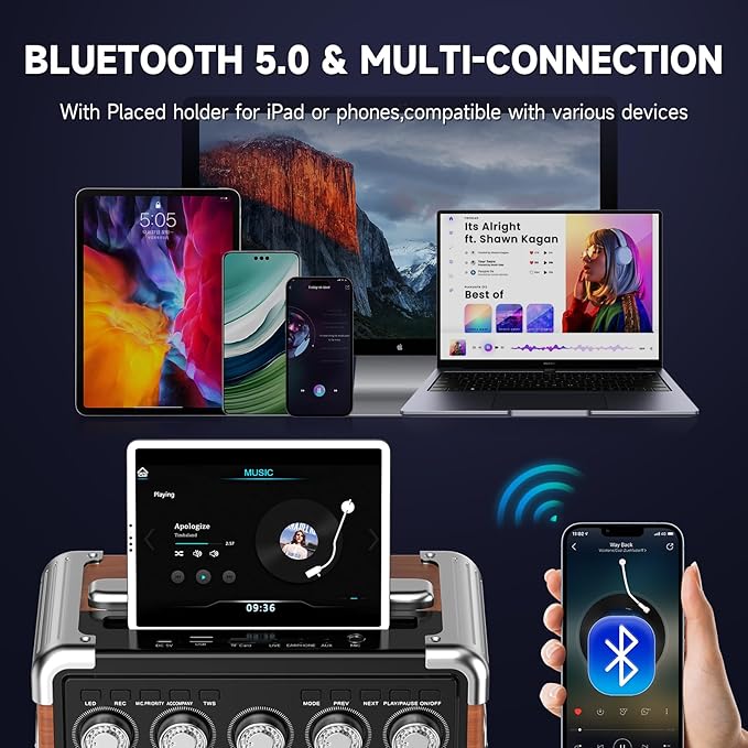 Karaoke Machine for Adults Kids, Bluetooth Speaker with 2 Karaoke Microphones, Bass/Treble Adjustment, Portable PA System with Remote Control/LED Lights for Home Party, Support USB/AUX/REC/TWS