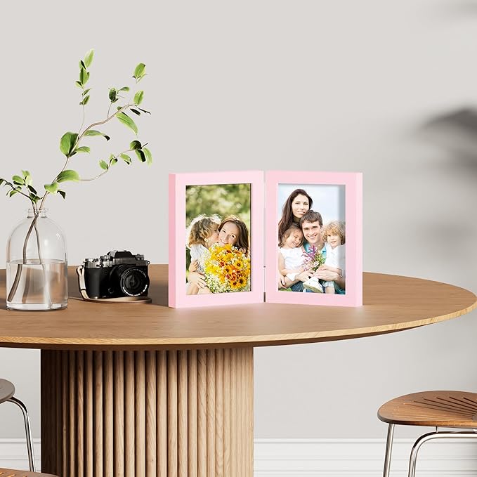 decorUhome Double 5x7 Picture Frame Vertical, Engineered Wood Bifold Photo Frame with Plexiglass for Tabletop Display, 5x7, Pink