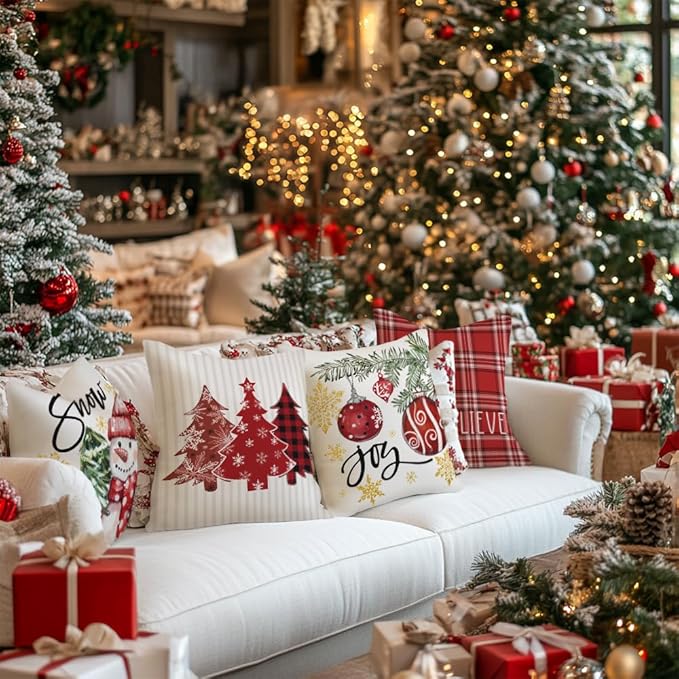 GEEORY Winter Christmas Throw Pillow Covers 20 x 20 Inch Set of 4, Xmas Trees Snowflake Snowman Joy Holiday Farmhouse Decorative Cushion Cases for Home Decoration G583-20