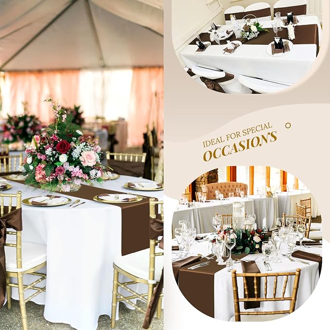 12 Pack Brown Satin Table Runner 12 x 108 inch Long Premium Smooth Table Runner for Wedding, Banquets, Birthday, Party, Graduation, Engagements,Table Runners fit Rectangle and Round Table