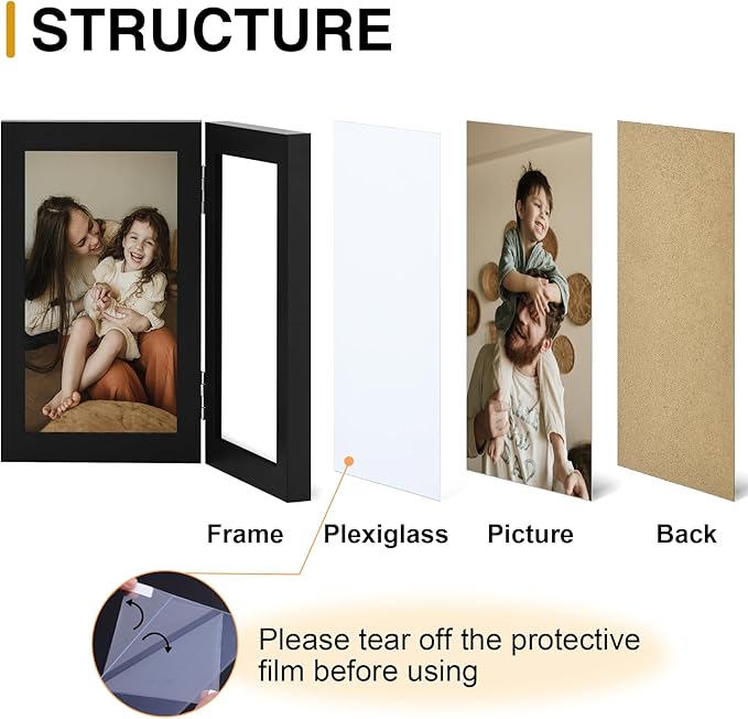 decorUhome Double 5x7 Picture Frame Vertical, Engineered Wood Bifold Photo Frame with Plexiglass for Tabletop Display, 5x7, Black
