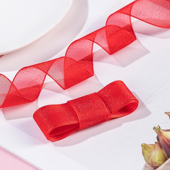 1 Inch Wide Sheer Chiffon Ribbon - Pearl Silk Woven Ribbon Suitable for Gift Wrapping, Wedding Decor, Home Decor, Girl Hair Accessories Handmade DIY (25 Yards/roll) (Red)