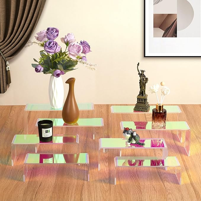 Iridescent Acrylic Display Risers, 8pcs Rainbow Display Stand Rectangular Stands Showcase Transparent Display Shelf for Dessert Cupcake Collectibles Figures Jewelry Perfume (Iridescent-8pcs)