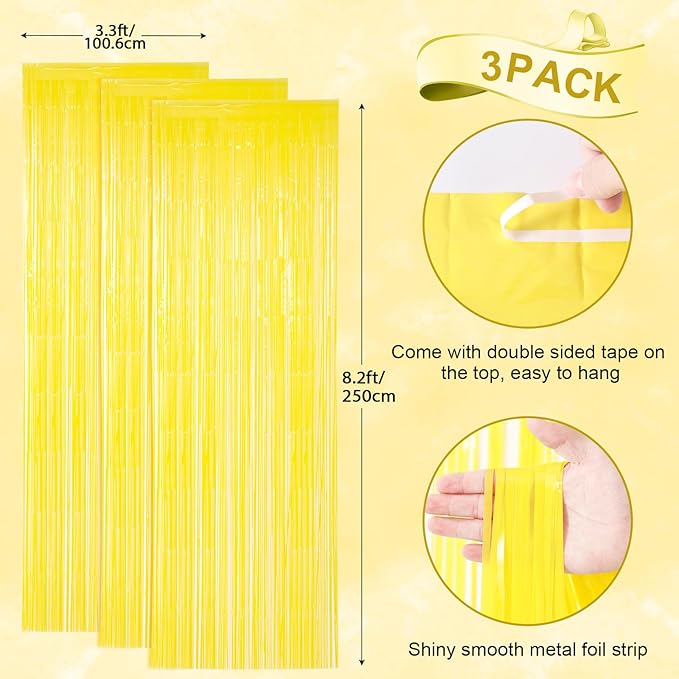 3 Pack 3.3 x 8.2 ft Pastel Yellow Foil Fringe Backdrop Curtains, Tinsel Streamers Birthday Party Decorations, Fringe Backdrop for Graduation, Baby Shower, Gender Reveal, Disco Party