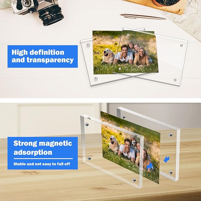 5×7 Inches Acrylic Picture Frame，Clear Magnetic Picture Frame for Wedding，Double Sided Frameless Photo Frame for Desktop Free Standing,Display Stand Photo Frame