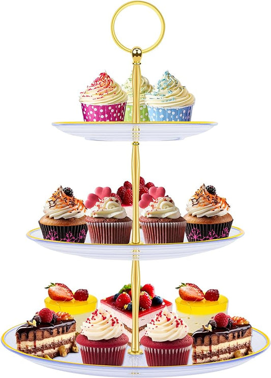PinCute Cupcake Stand Holder - 3 Tier Cup Cake Dessert Stands, Plastic Tiered Serving Tray&Metal Rod for Birthday Party, Wedding, Tea Party, Baby Shower-Transparent