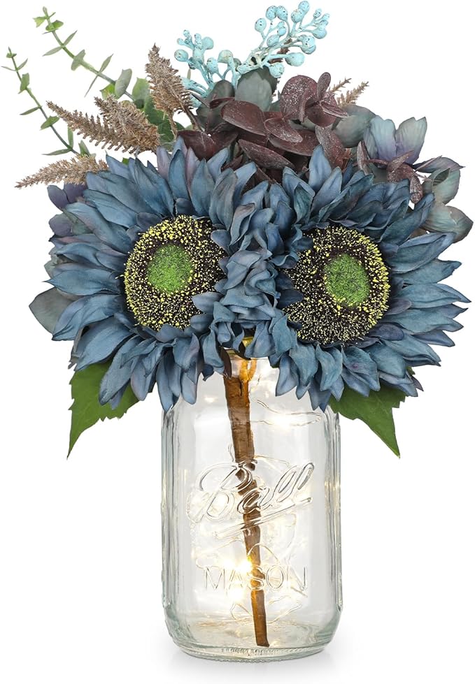 Silk Sunflowers Artificial Flowers with Mason Jar Centerpiece for Table Blue Fall Flowers in Vase Small Fall Floral Arrangement with Vase Thanksgiving Centerpiece for Dining Room Table Autumn Decor