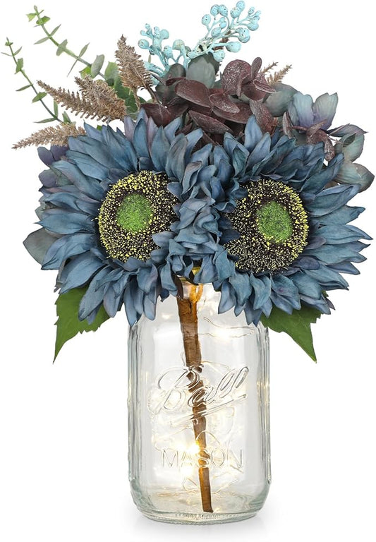 Silk Sunflowers Artificial Flowers with Mason Jar Centerpiece for Table Blue Fall Flowers in Vase Small Fall Floral Arrangement with Vase Thanksgiving Centerpiece for Dining Room Table Autumn Decor