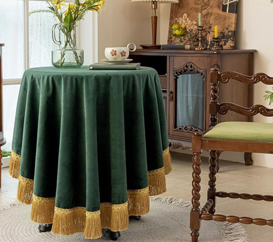 F-CHU Green Tablecloth Thickset Velvet Tablecloth with Beautiful Gold Tassels Vintage Table Cloth for Home Decor Wedding, Party, Banquet and Events 70" Round
