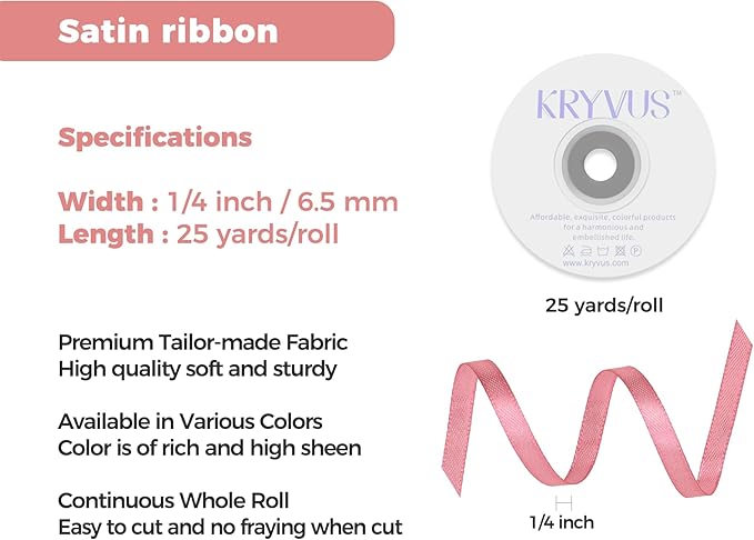 Rose Gold Satin Ribbon 1/4 inch X Continuous 25 Yards, Single Face Polyester Ribbon Perfect for Gift Wrapping, Flower Bouquet, Wedding Decor, Crafts, Bow Making, Sewing and More