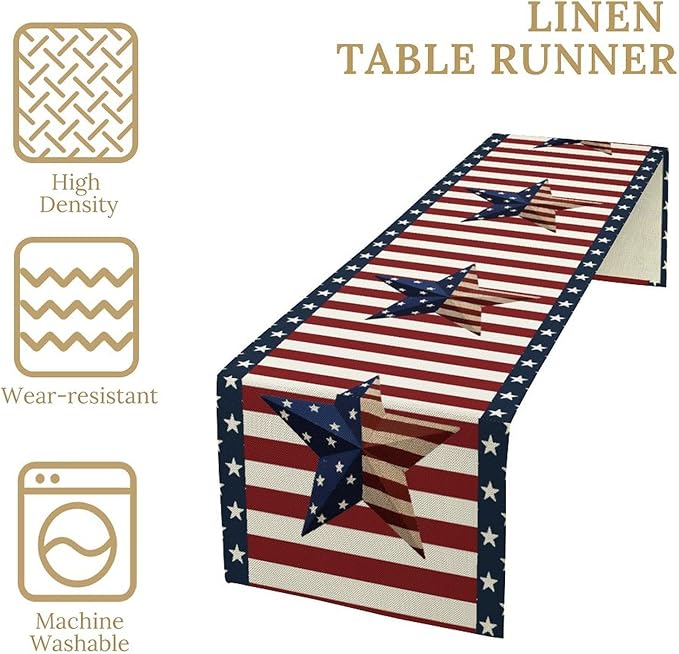 4th of July Table Runner, Patriotic Independence Day American Stars Stripes Flag Print Table Runner for Farmhouse Kitchen Dining Holiday Birthday Party, 13x120inch