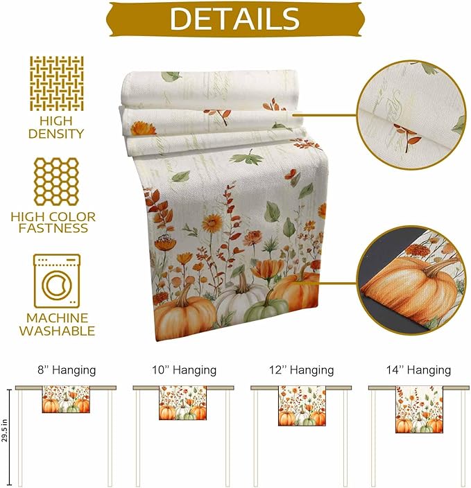 Fall Wildflowers Cotton Linen Table Runner for Dining Kitchen, Thanksgiving Pumpkin Outdoor Party Rustic Tablerunners Decoration, Botanical Floral Vintage Dresser Scarf Tablecloth Runners 13x60 Inches