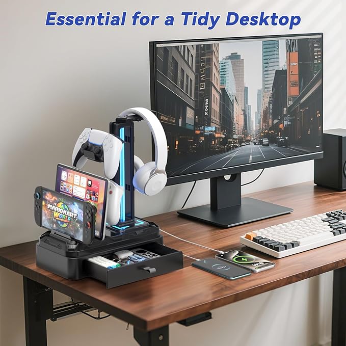 KDD Headphone Stand with USB A&C Charger Ports - RGB Controller Stand with Detachable Hooks - Rotatable Headset Hanger & Device Slot for Phones/Tablets - Drawer Storage Base for Gaming Desk Organizer