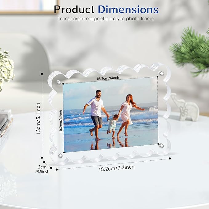 Scalloped Magnetic Picture Frame 4x6 Inch - 6Pack Clear Acrylic Photo Frame, 20mm Thick Double-Sided Magnet Design, Trendy Desktop Display for Home/Office Decor (6 Pack, 4X6)