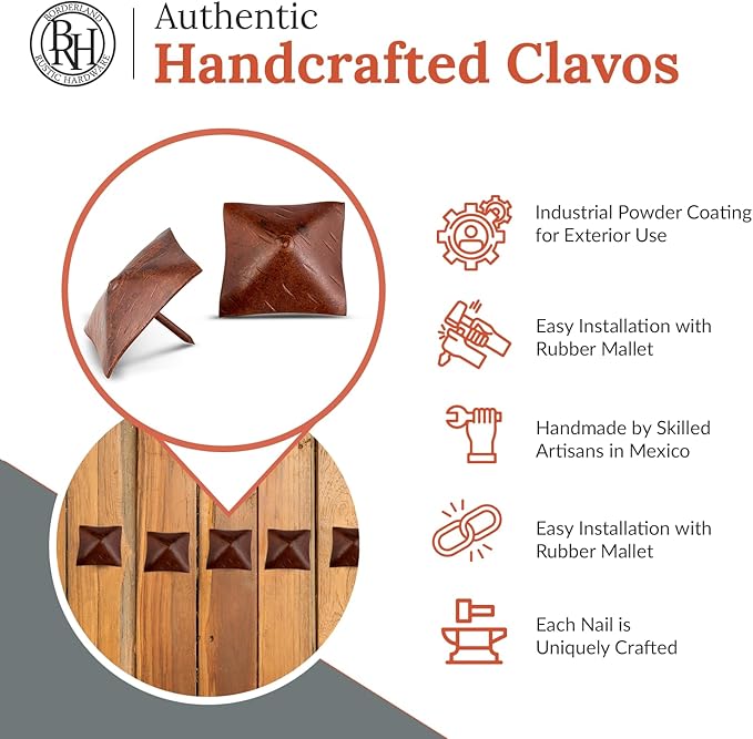 50 Pack 2" Square Head Iron Clavos Decorative Nails – Sealed Rusted – Handmade Rustic Square Fasteners for Farmhouse Shutters, Faux Wood, Barn Doors, Shutters, and Gates – Ornamental Wood Accent