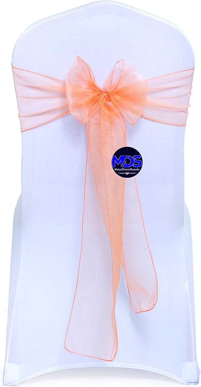 MDS Pack of 300 PCS Organza Chair Sashes Wider Dining Chair Bows Ribbon Tie Back for Wedding Party Birthday Bridal Shower Reception Event Banquet Home Chair Cover Decoration - Peach