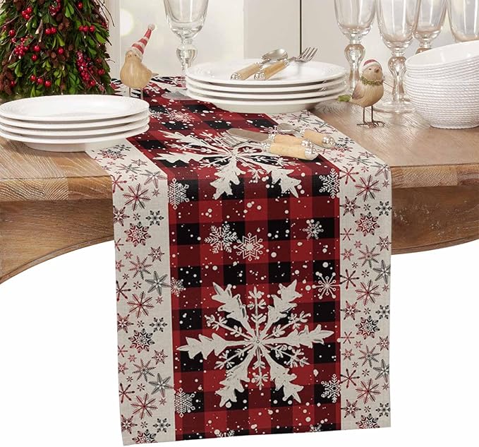 Buffalo Plaid Christmas Cotton Linen Table Runner for Dining Kitchen, Snowflake Red Black Check Wedding Outdoor Party Tablerunner Decoration,Retro Dresser Scarf Coffee Tablecloth Runners 13x120 Inches